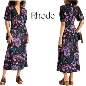 RHODE Black/Purple Floral Women's Midi Irina Dress in Glowing Garden Sz 12 EUC
